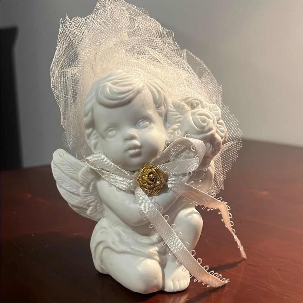 White Angel Figurine with Gold Rose Accent